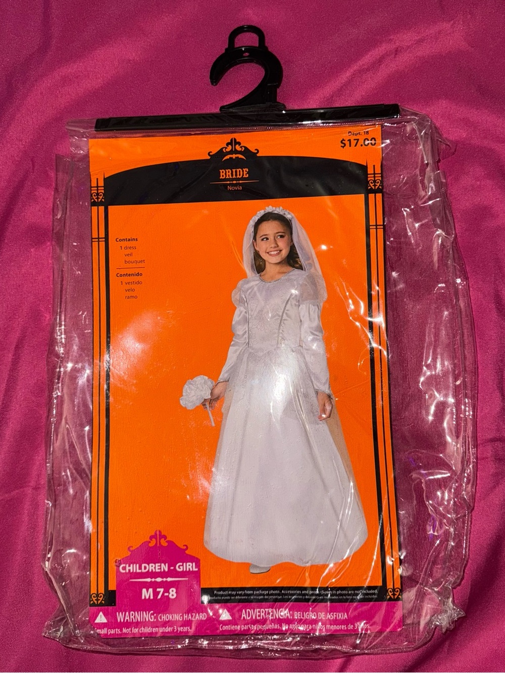 Girls Bride Halloween Costume Set Size M 7-8 Dress & Headband Veil & Bouquet